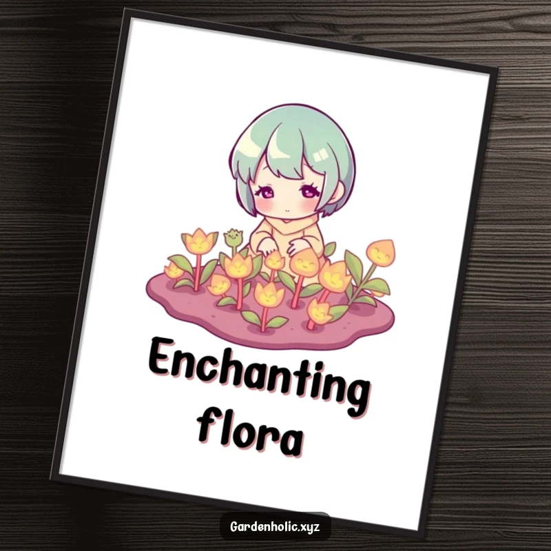 Funny Digital Art: High-resolution image of a character happily tending to luminous, glowing plants, ready for display.