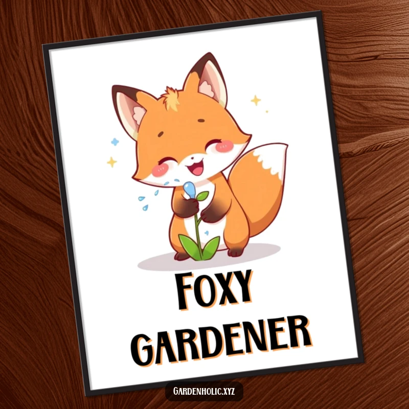 Funny fox digital art print of a joyful fox showering a small plant with sparkling water, perfect for instant wall decor and a fun gift.