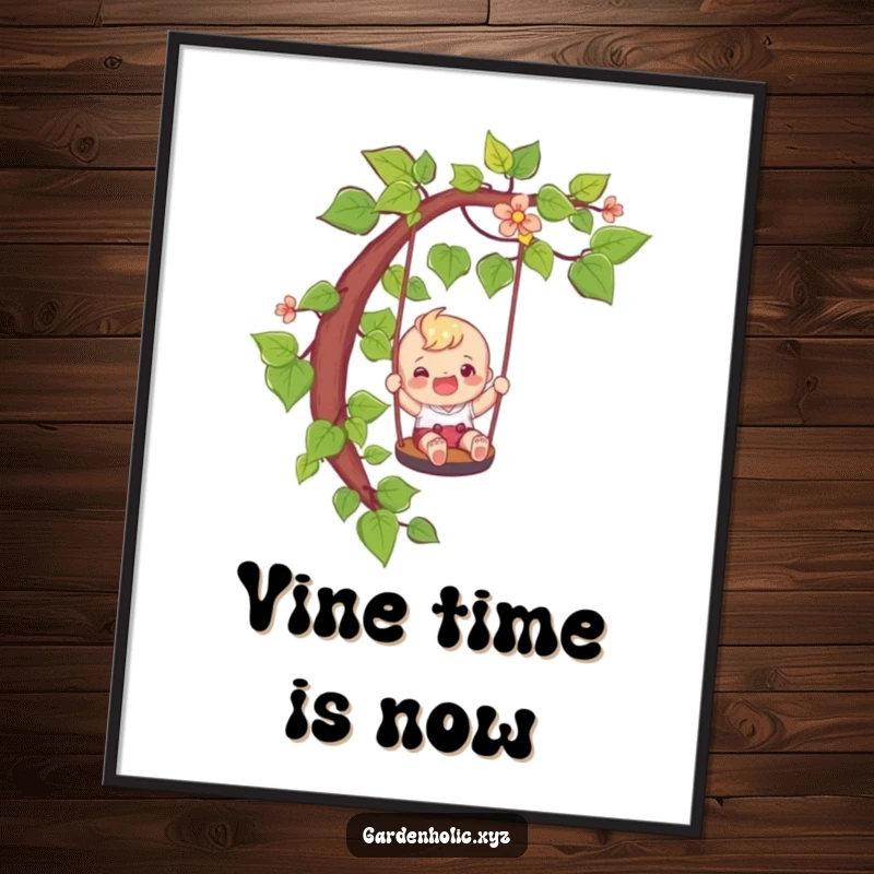 Funny adventure digital art print of a happy character sliding down a vine like a playful swing, a perfect funny gift.