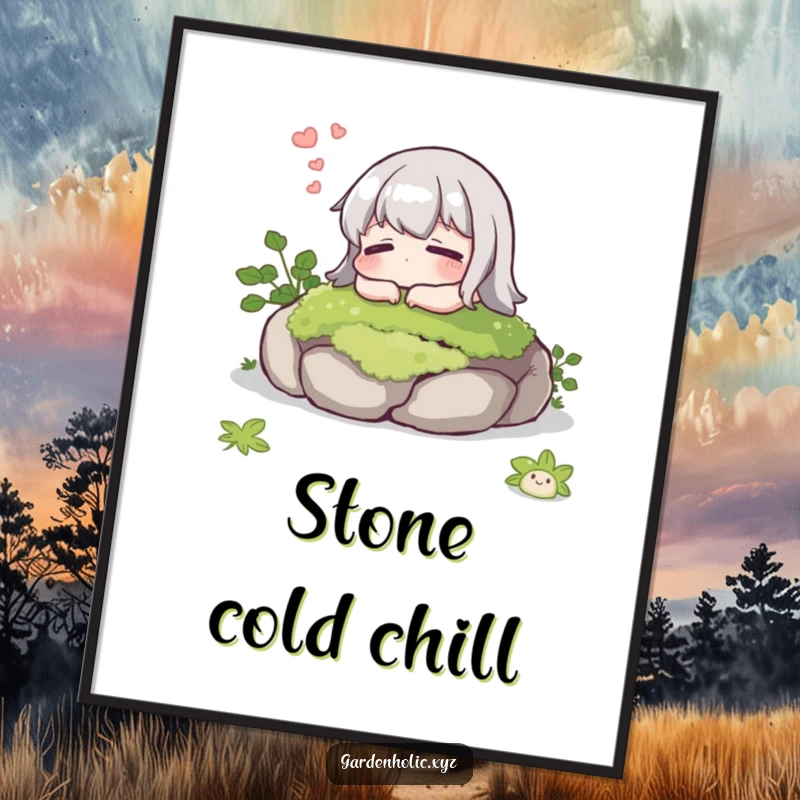 Funny digital art print of a character sighing contentedly on a mossy stone, perfect for adding humorous serenity to decor.