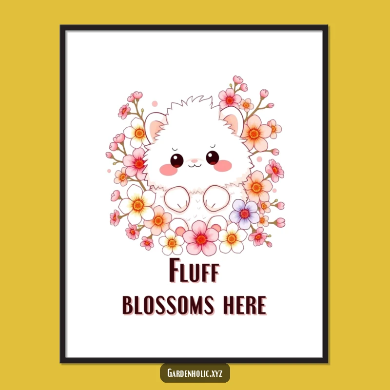 Funny Digital Art: Fluffy Creature in Blooms, Instant Funny Gift Download