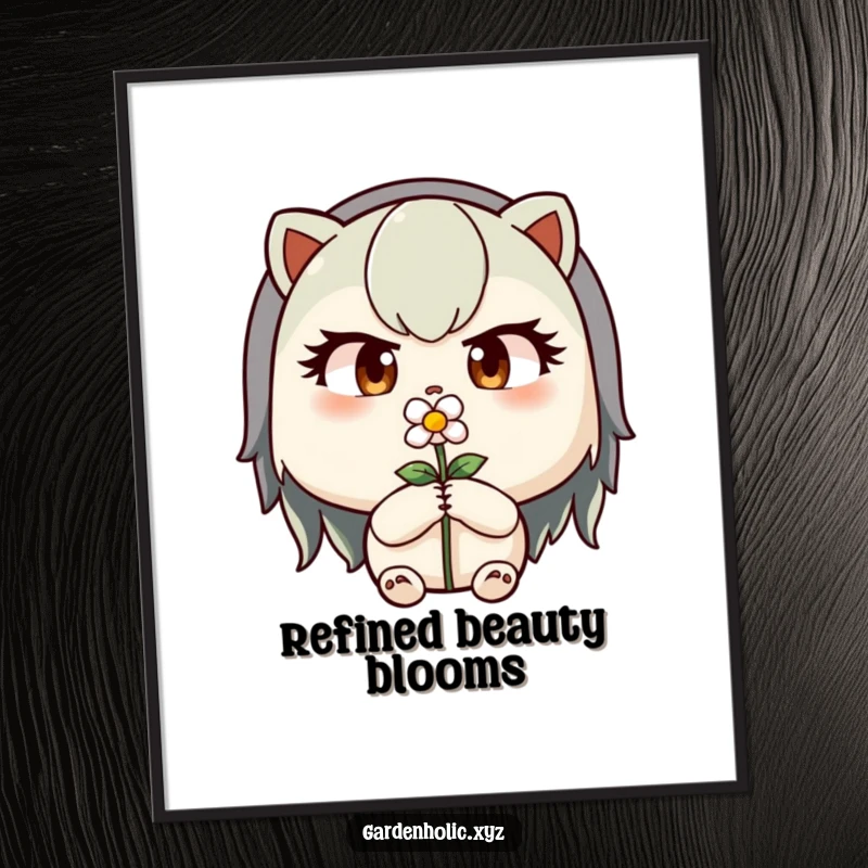 Funny digital art print of a determined character with focused eyes meticulously pruning a tiny flower.