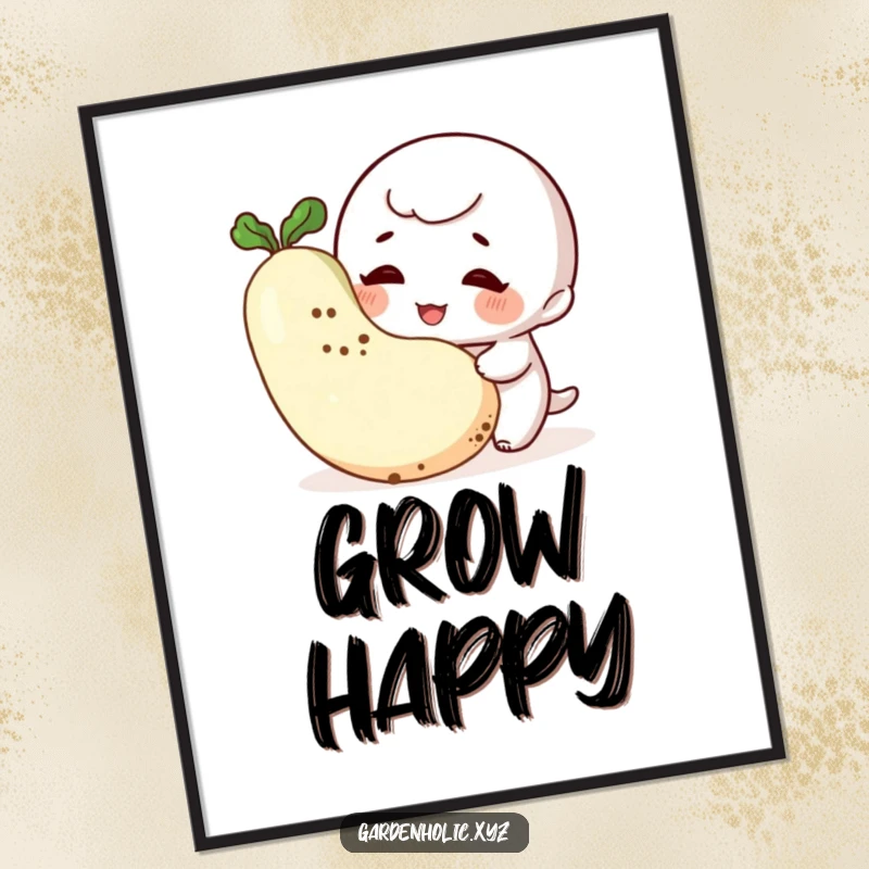 Funny Gardener Digital Art Print: A giggling character with dirt smudges admires a vegetable, perfect for instant, humorous garden decor.