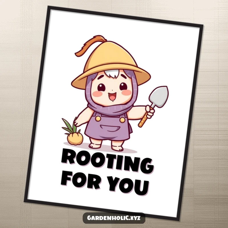 Funny gardener digital art print of a character in a hat, waving a small trowel, ready to bring smiles to any room.