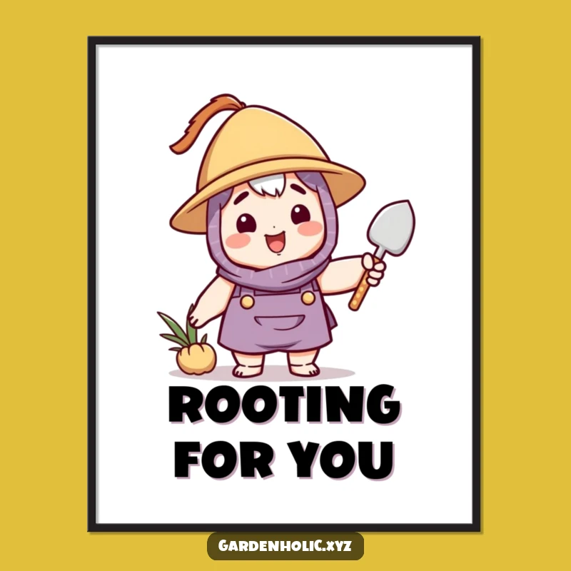 Funny Gardener Digital Art: Printable Character with Hat Waving Trowel - Instant Decor Gift
