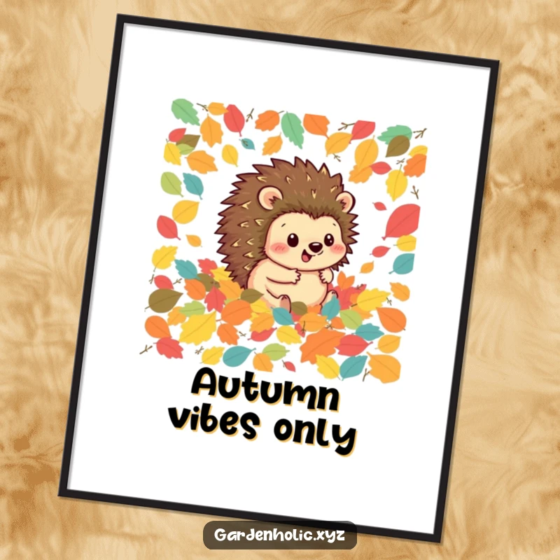 Funny hedgehog digital art print of a happy hedgehog joyfully rolling through a pile of colorful autumn leaves, perfect for seasonal decor.