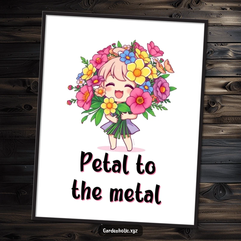 Funny digital art print of a joyful character holding a giant colorful bouquet, bringing happiness and vibrancy, a cheerful funny gift.