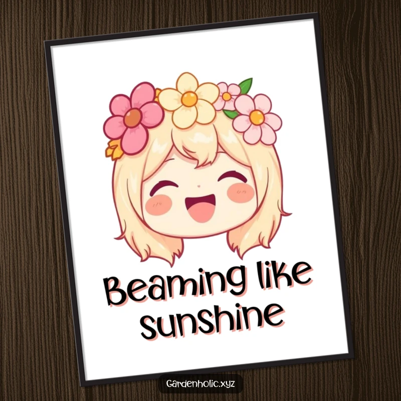 Funny digital art print of a joyful character wearing a flower crown and beaming with infectious happiness.