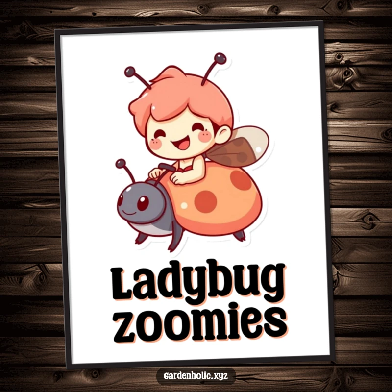 Funny digital art print of a cheerful character riding a ladybug, symbolizing joy and whimsical adventure, a delightful funny gift.