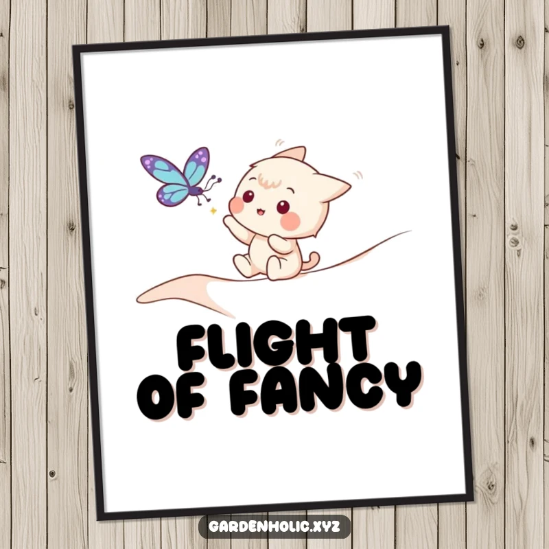 Funny digital art print of a playful character joyfully trying to catch a delicate, fluttering butterfly.