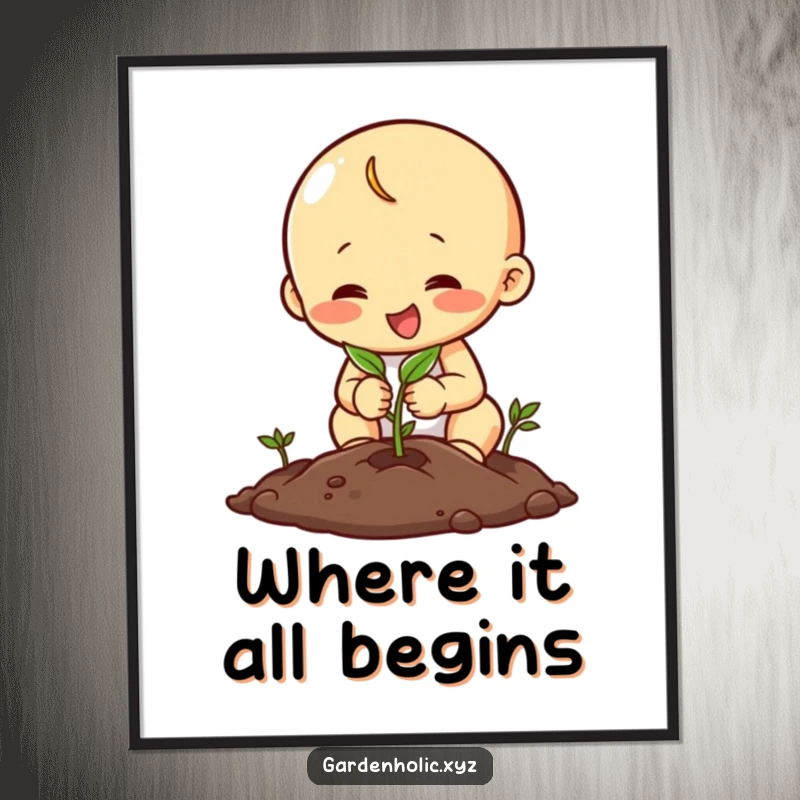 Funny digital art print of a happy character planting a seed with focus, perfect for printable art and gardening themes.