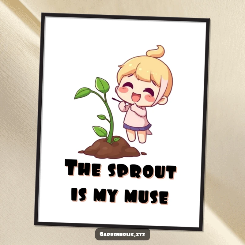 Funny Digital Art Print: A character joyfully points to a tiny sprout, symbolizing new life and optimism.