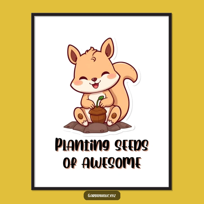 Funny Squirrel Planting Digital Art: Cheerful Acorn Print, Gift Decor