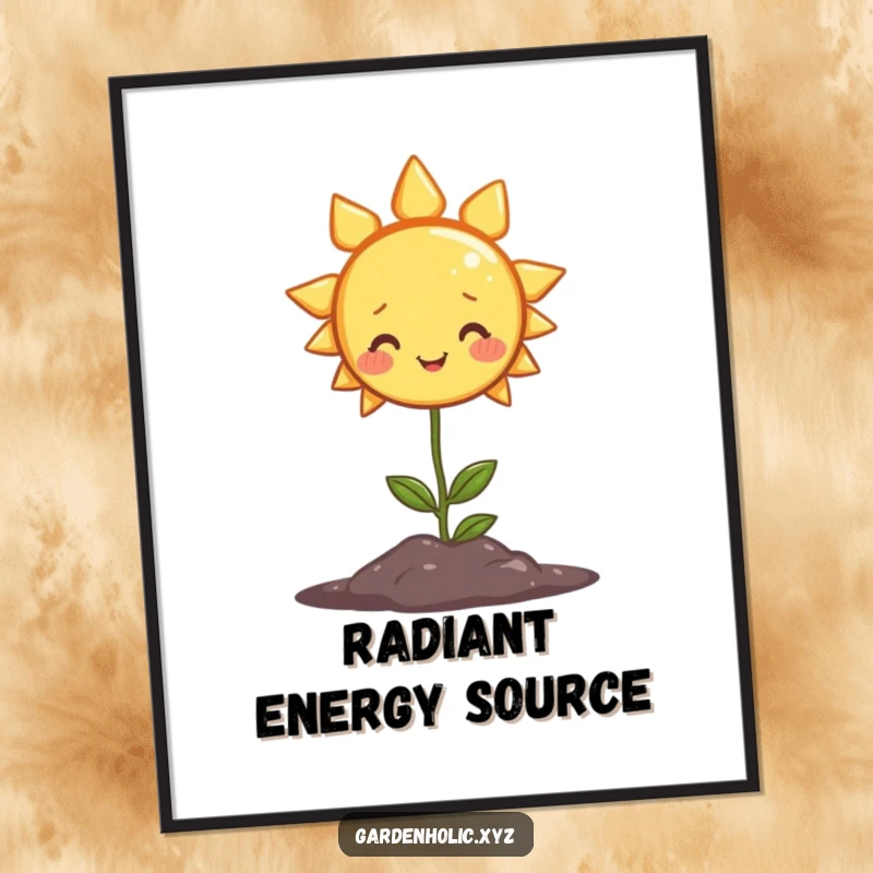 Funny digital art print of a smiling sun character beaming warmth onto a plant, perfect for cheerful digital decor.
