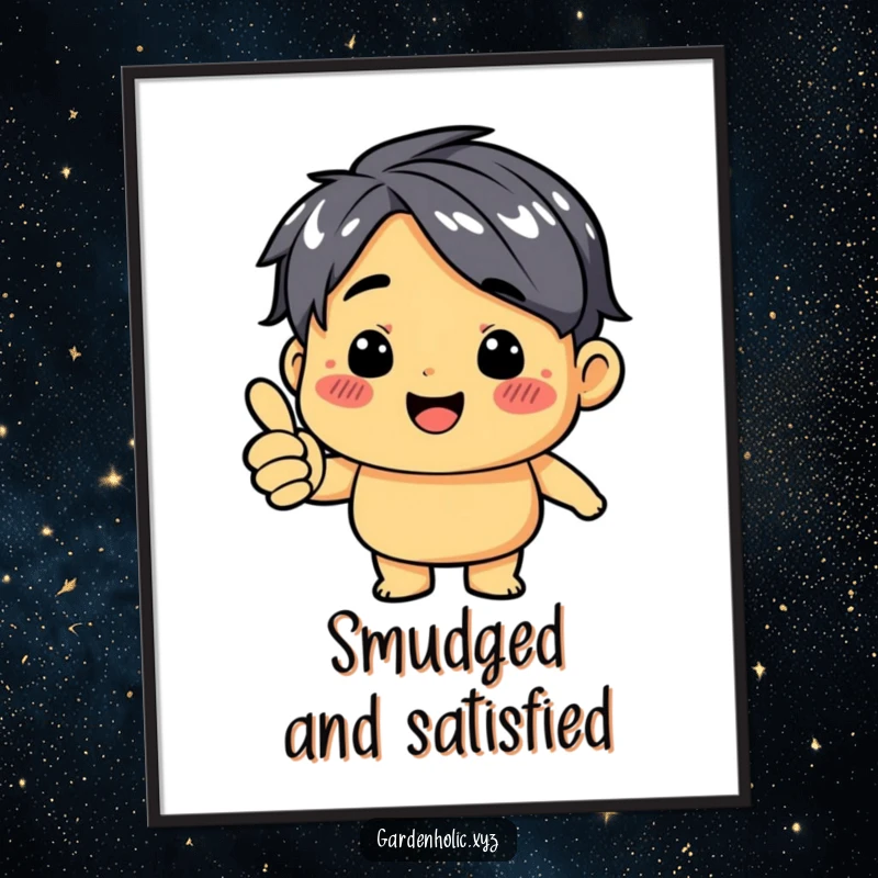 Funny digital art print of a character with a dirt smudge giving a thumbs up, a cheerful and humorous artwork.