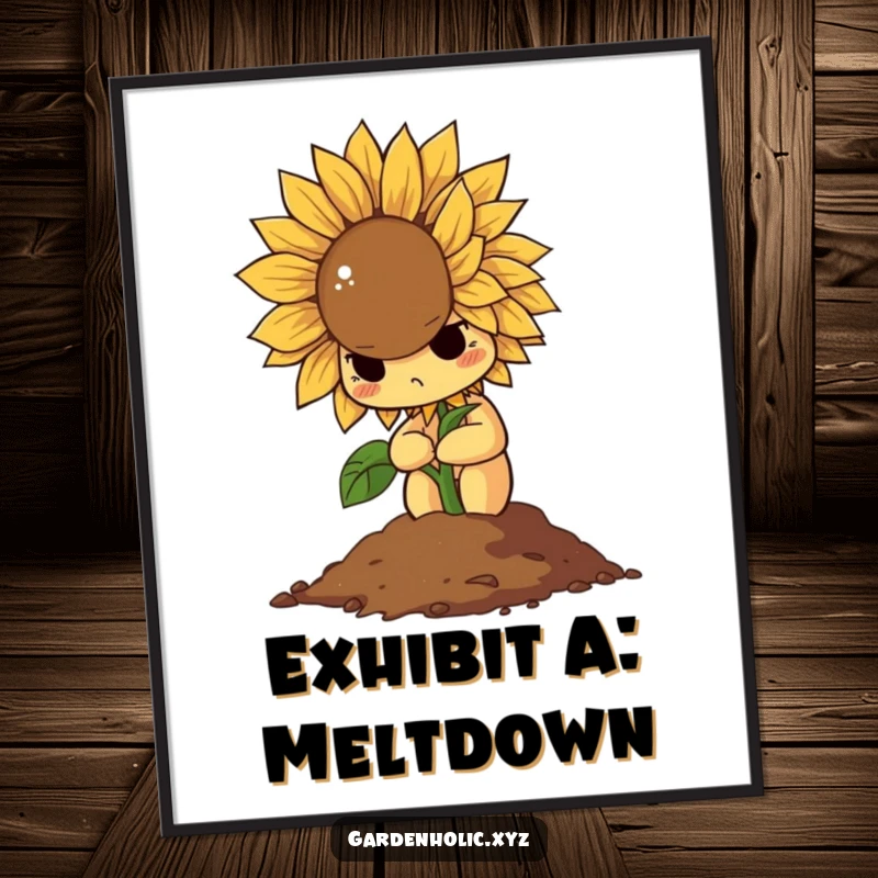 Funny digital art print of a determined sunflower dramatically wilting into a pile of soil, perfect for humorous wall decor.