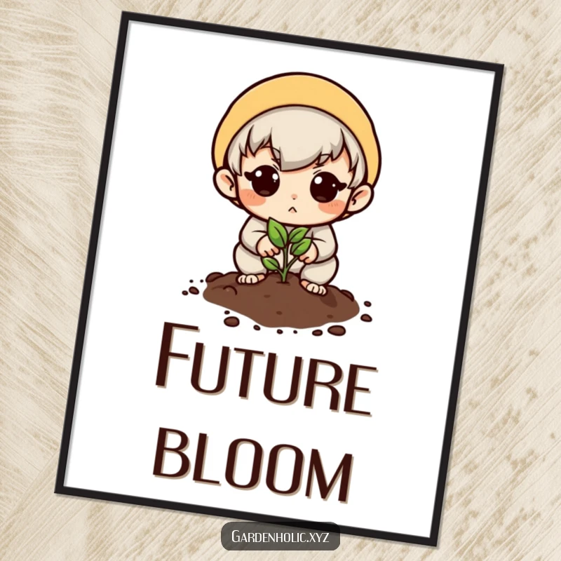 Funny digital art print of a determined character planting a tiny seed with hope, offering instant motivational humor.