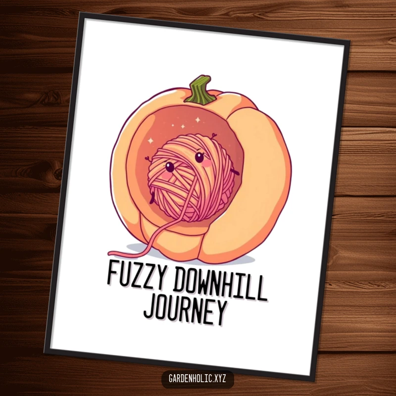 Funny yarn pumpkin digital art print showing a cheerful, fuzzy ball of yarn rolling inside a giant pumpkin, capturing cozy autumn whimsy.