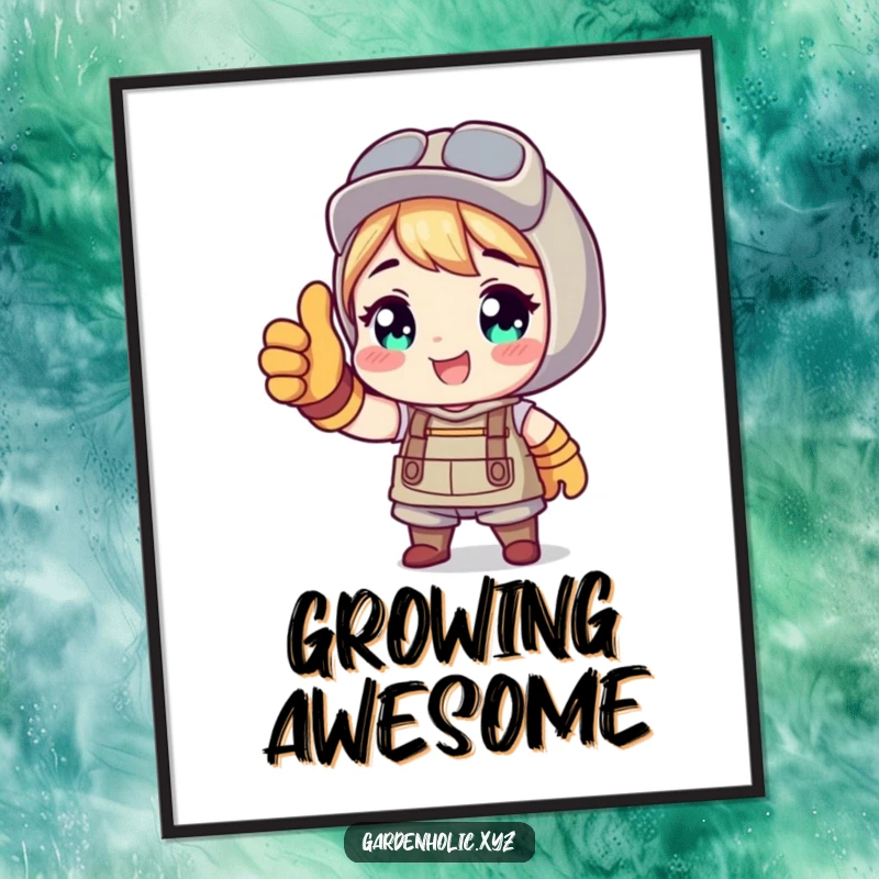 Funny digital art print of a character with gardening gloves giving a thumbs up, symbolizing gardening success and happiness.