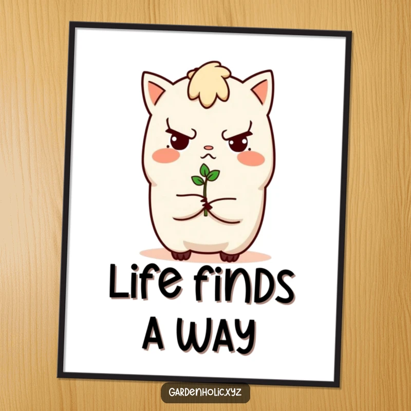 Funny digital art print of a determined character offering a tiny sprout, symbolizing ambition and new beginnings, a vibrant and funny gift.