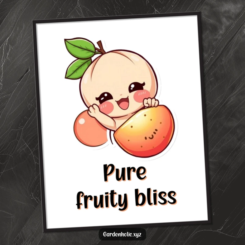 Funny fruit lover digital art print of a smiling character reaching for a juicy, ripe fruit, ready to cheer up walls.