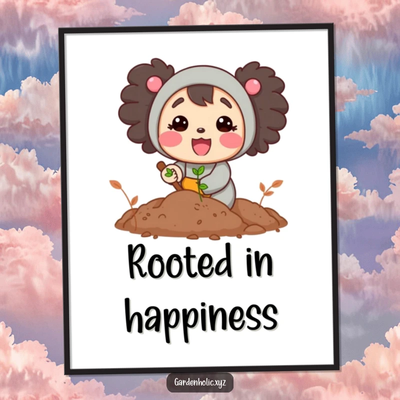 Funny digital art print of a cheerful character happily digging in rich soil, perfect for printable wall art and garden fans.