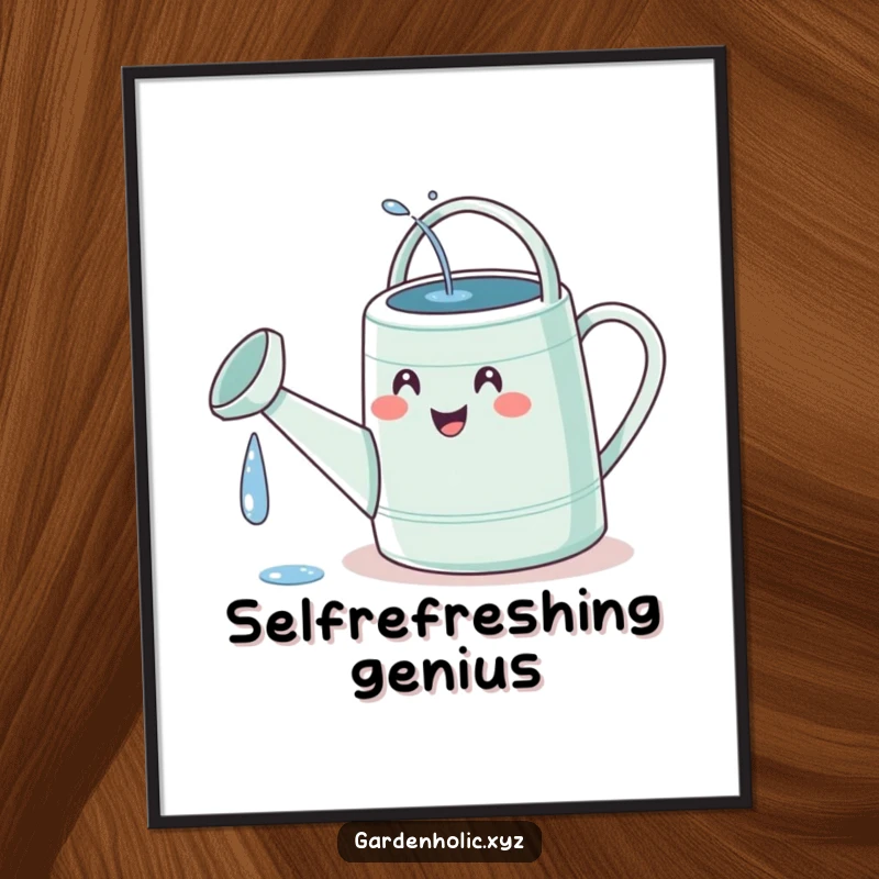 Funny watering can digital art print showing a tiny, delighted face hilariously watering its own spout, capturing garden whimsy.