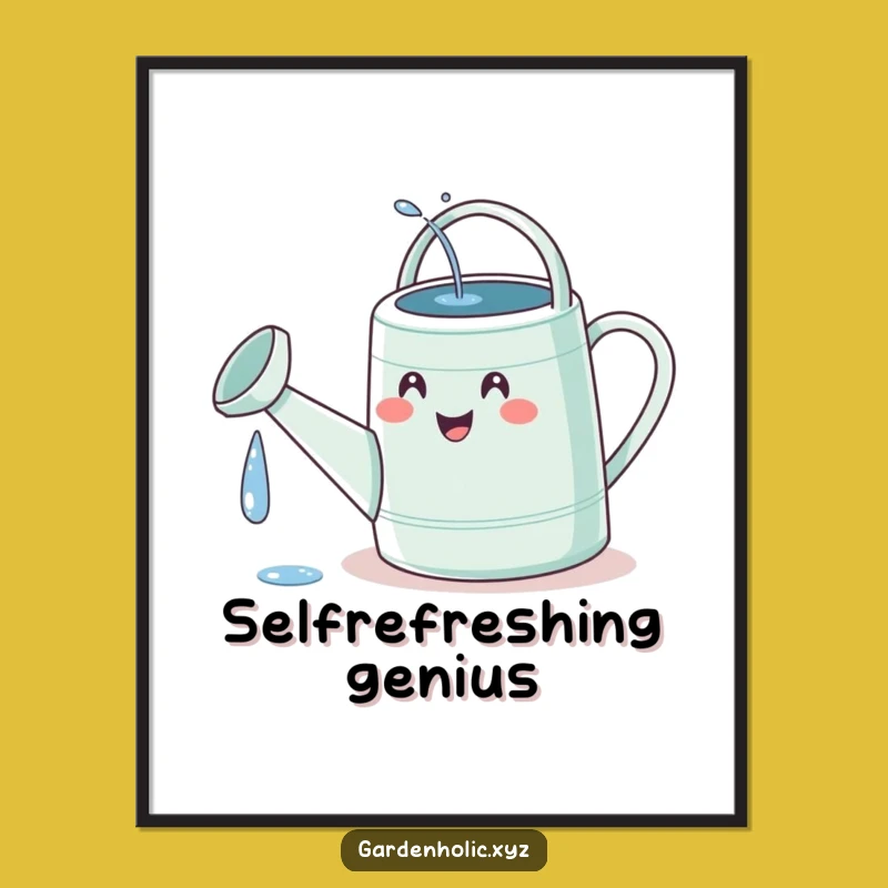 Funny Watering Can Digital Art: Delighted Face Watering Itself, Instant Gift