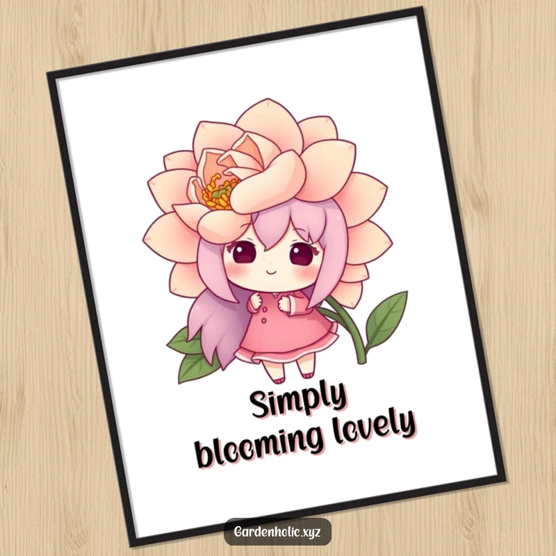 Funny digital art print of a cheerful character admiring a large, blooming flower, perfect for adding humorous floral beauty to decor.
