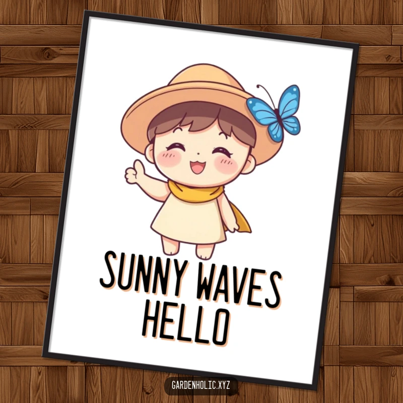 Funny Sun Hat Character Digital Art Print: A smiling character in a sun hat waves joyfully at a fluttering butterfly, ready to download.