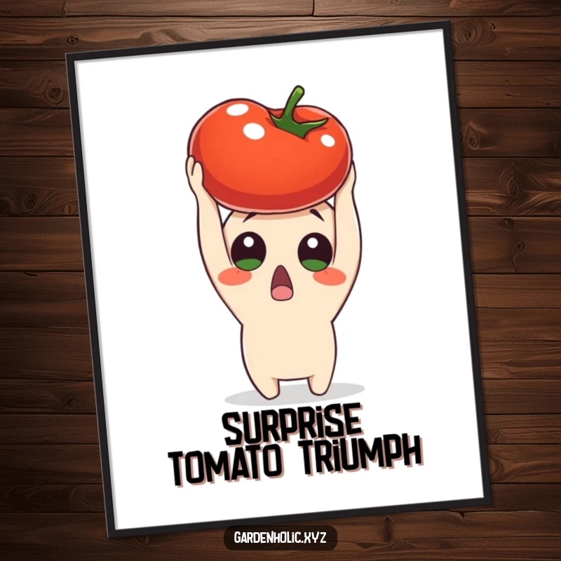 Funny surprised character holding a ripe tomato overhead, rendered as digital art, adding harvest cheer and humorous amazement to any room, a downloadable funny gift.