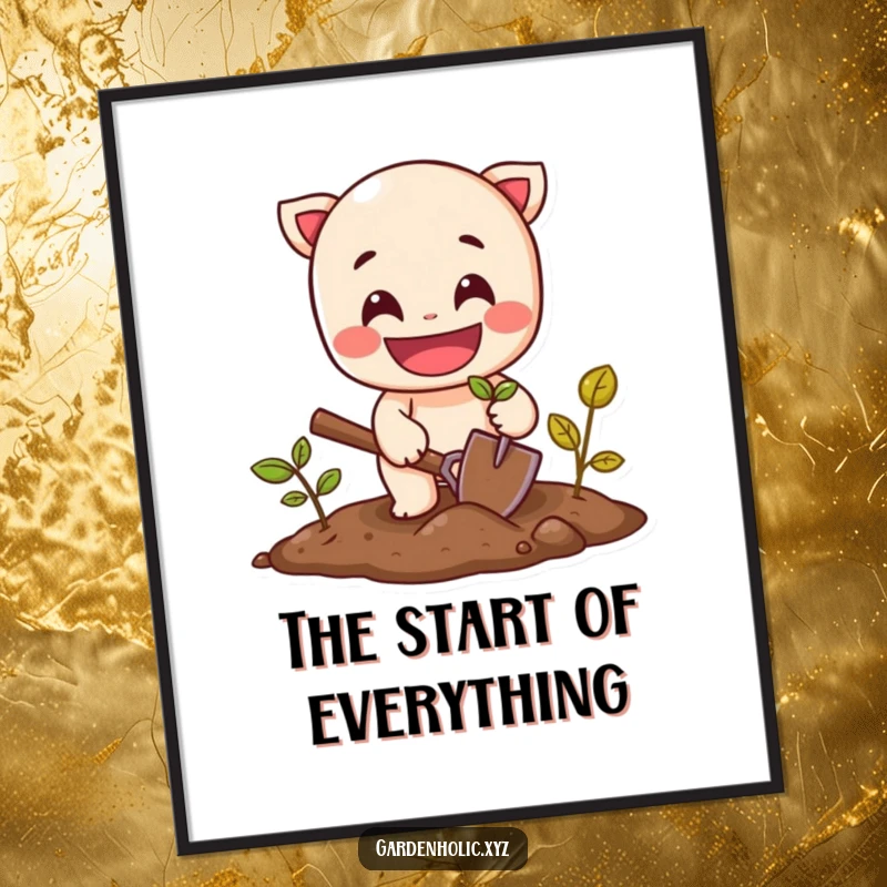 Funny digital art print of a cheerful character with a wide grin planting a seed with a small shovel.