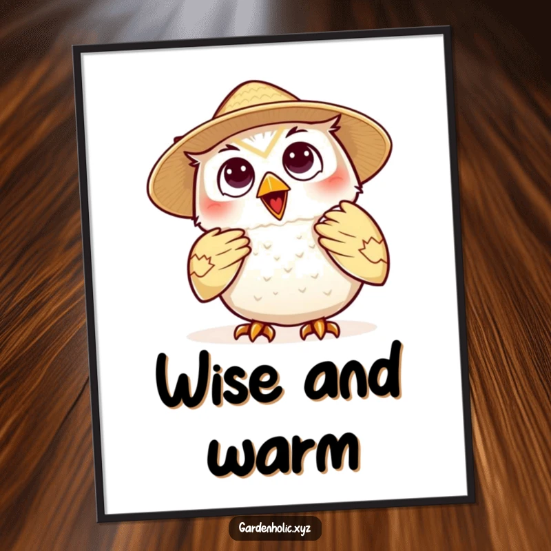 Funny owl digital art print, a happy character wearing a straw hat and fanning itself, capturing a moment of comical, relaxed summer.