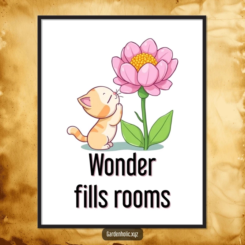 Funny cat digital art print of a curious cat sniffing a giant blooming flower with wonder, ideal for whimsical and enchanting decor.