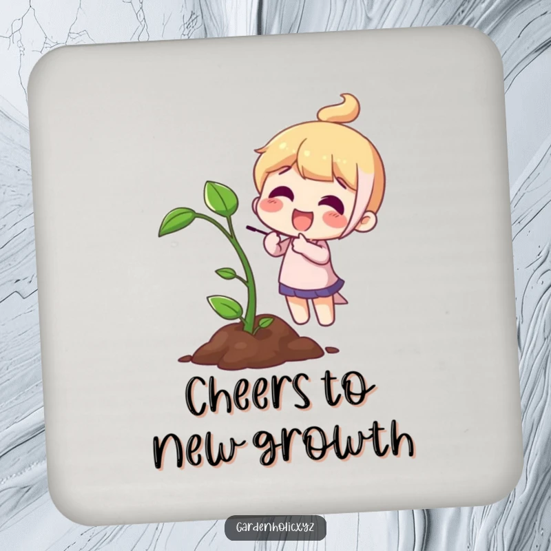 Funny Coaster: A character joyfully points to a small sprout, celebrating nature’s new beginnings.