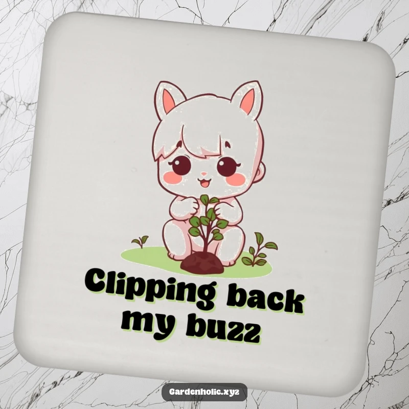 Funny drink coaster featuring a character with a happy, focused expression, pruning a tiny bush, adding garden charm.