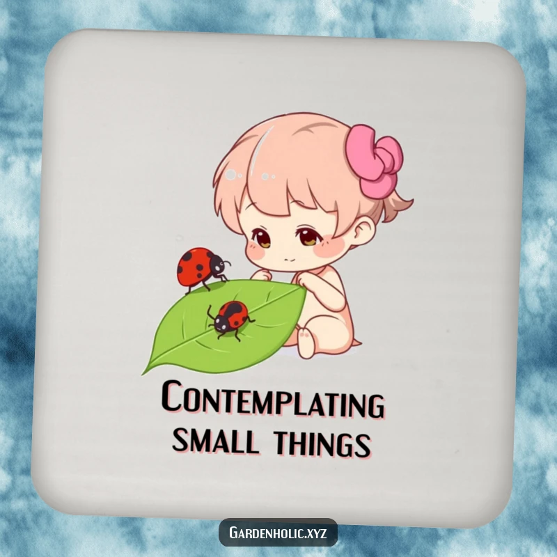 Funny curious character examining a ladybug on a leaf, designed on drink coasters, adding nature's charm and humor to surfaces, a practical funny gift.