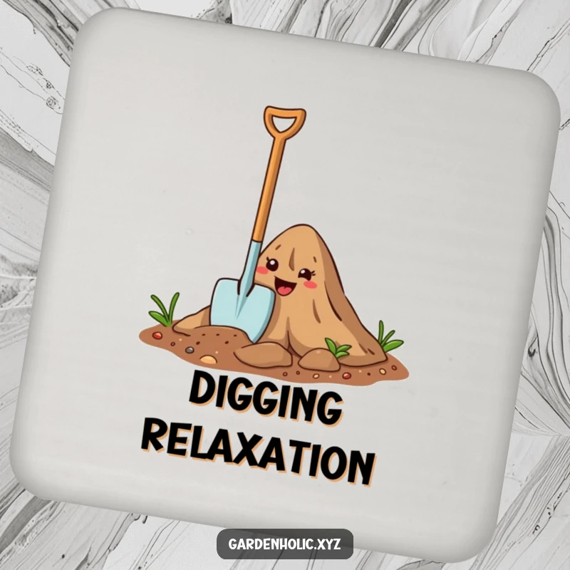Funny Coasters: A happy cartoon trowel digs into a dirt mound, a humorous addition to protect your surfaces.