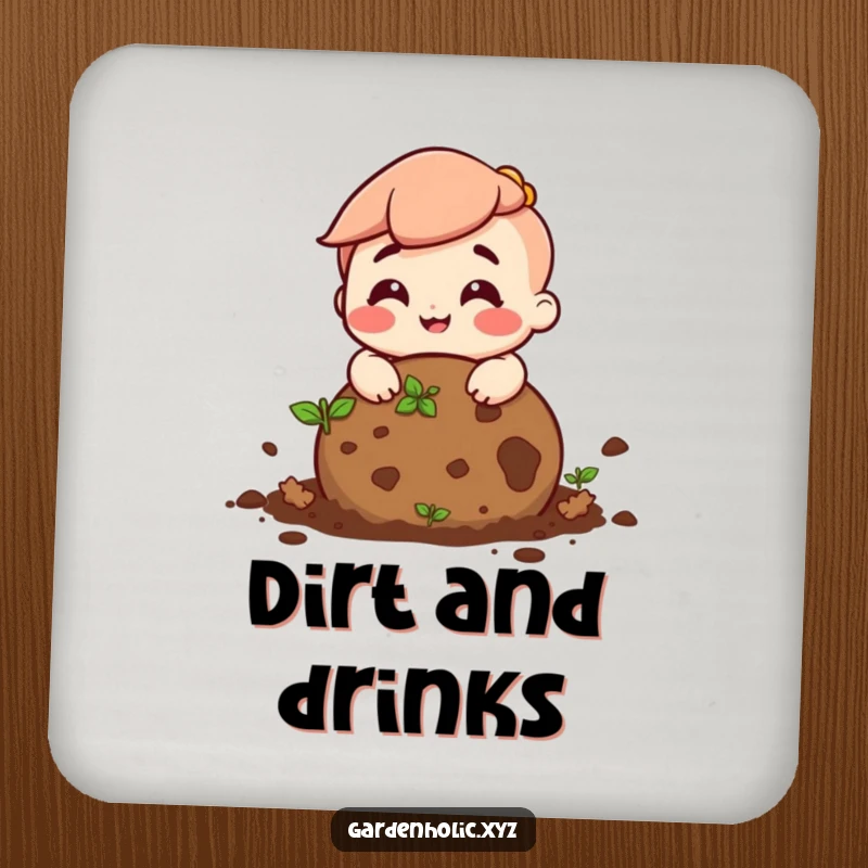 Funny drink coaster depicting a smiling character rolling a ball of soil, protecting surfaces with garden cheer.