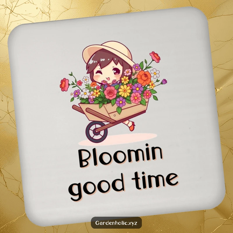 Funny drink coaster depicting a character with a playful swagger carrying a wheelbarrow full of colorful blooms.