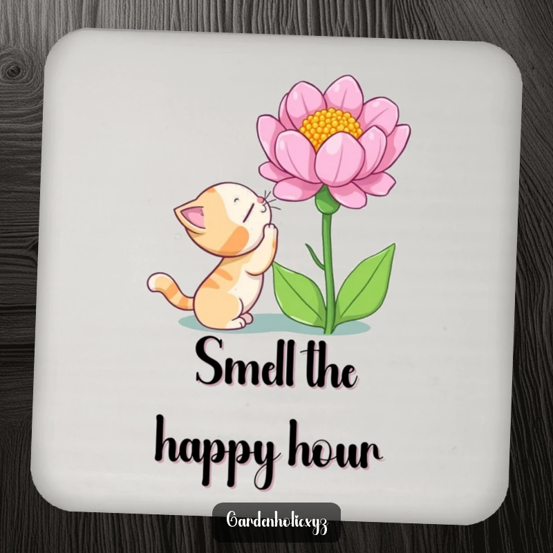 Funny cat drink coaster featuring a curious cat sniffing a giant blooming flower with wonder, adding whimsical charm.
