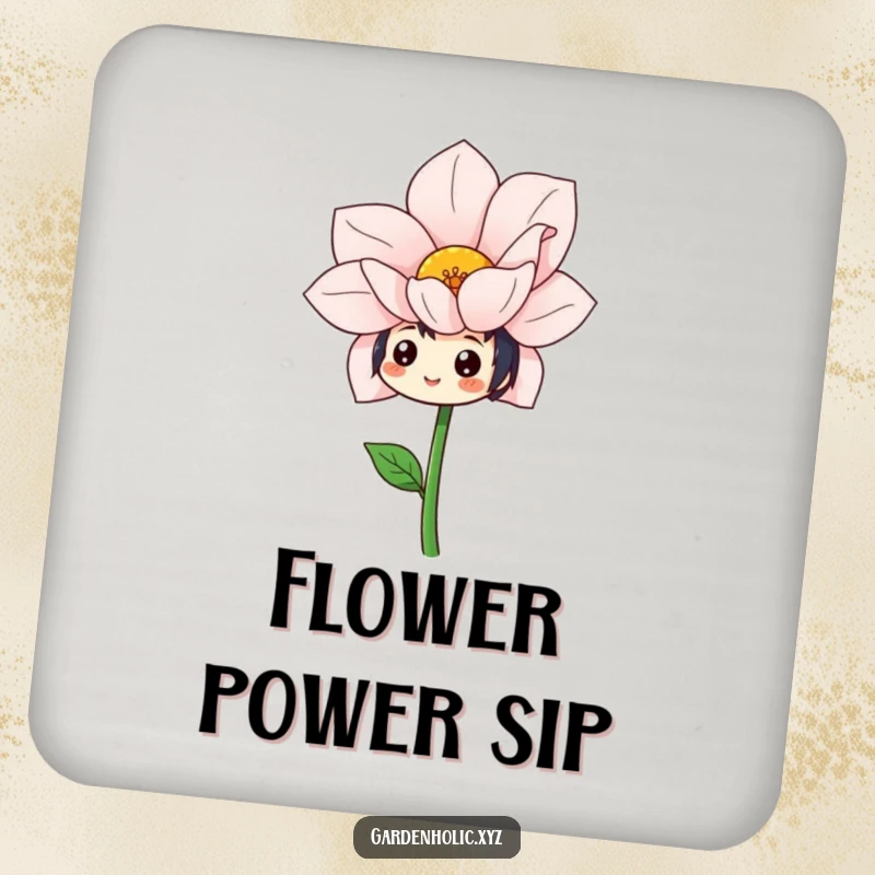 Funny drink coaster depicting a cheerful character admiring a spectacular, oversized, freshly bloomed flower.