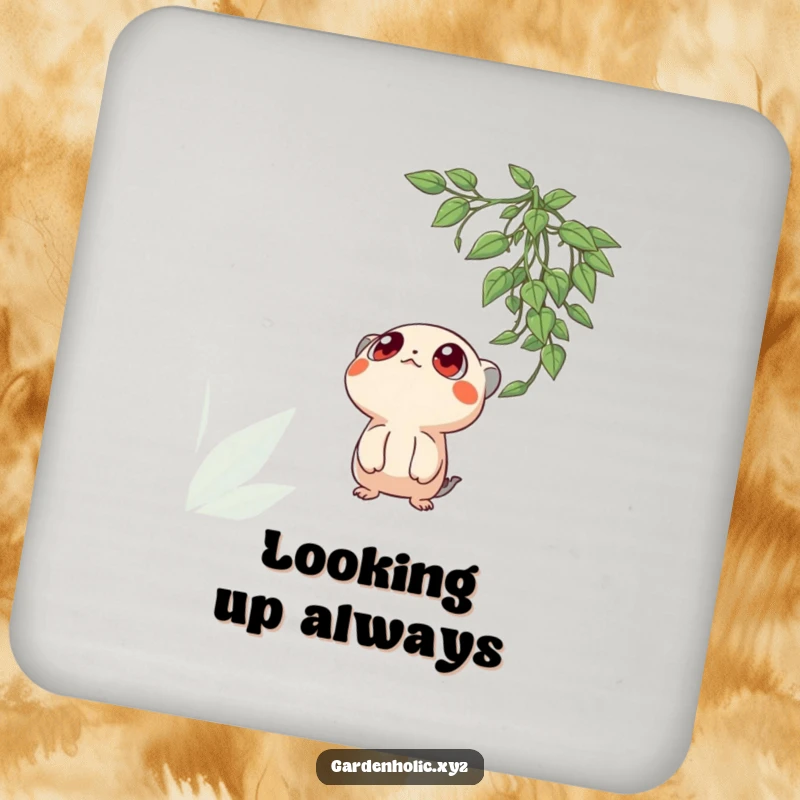Funny drink coaster with a creature's wide, curious eyes looking up at a hanging plant, symbolizing wonder and protecting surfaces.