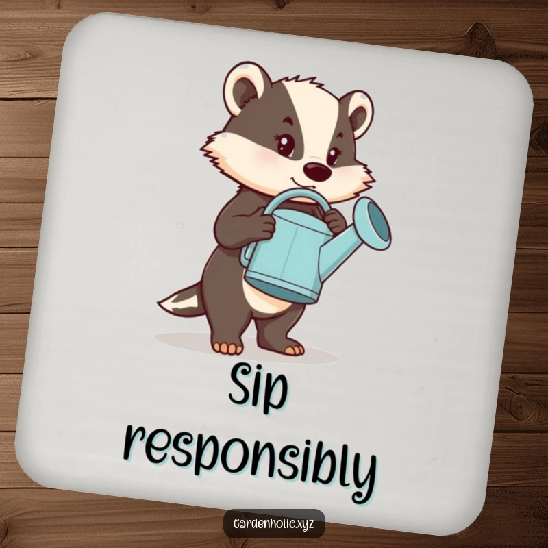 Funny Coaster: A determined badger character carrying a comically large watering can, serving drinks with resilience and humor.