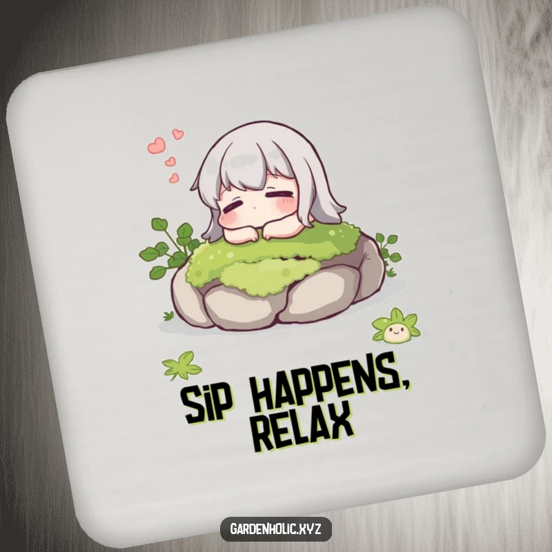 Funny drink coaster featuring a character sighing contentedly on a mossy stone, adding humorous calm to surface protection.