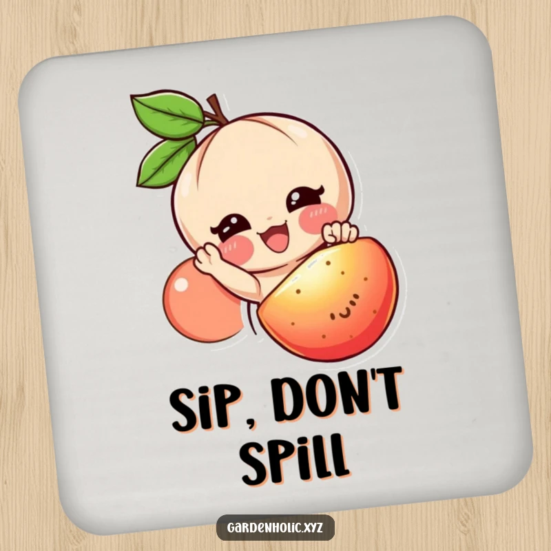 Funny fruit lover drink coasters featuring a smiling character reaching for a juicy, ripe fruit, protecting surfaces.