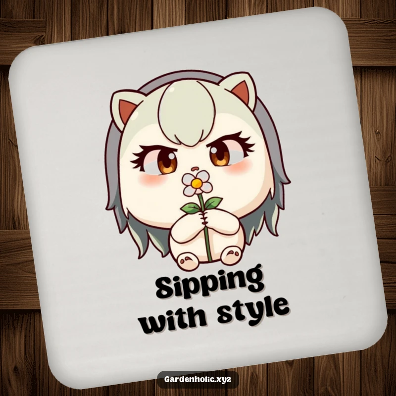 Funny drink coasters featuring a determined character with focused eyes pruning a tiny flower.