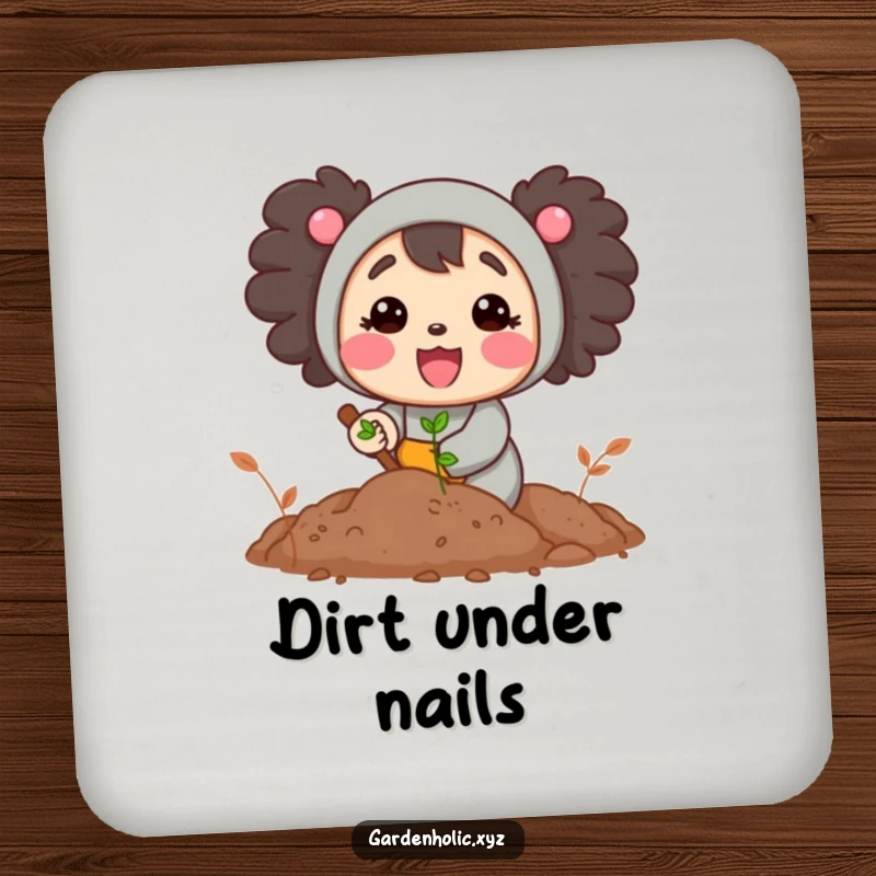 Funny drink coaster with a cheerful character happily digging in dark soil, adding a touch of humor and protection.