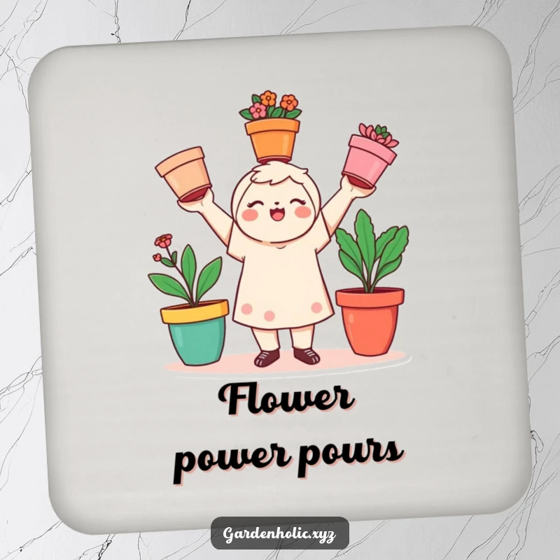 Funny gardener coaster with a playful character juggling three colorful flower pots, a delightful funny gift.