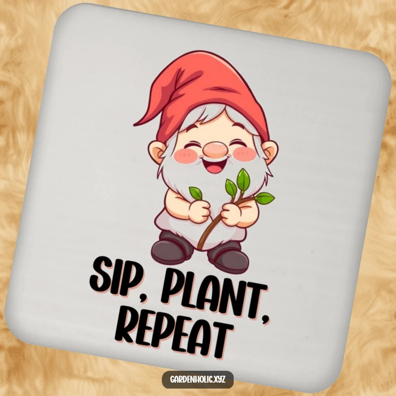 Funny gnome character holding a sapling, protecting surfaces on a vibrant drink coaster. Humorous housewarming gift.